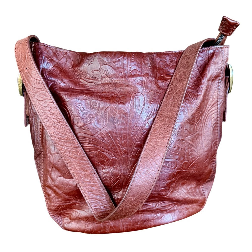 American Leather Co Brown Floral Embossed Leather Hobo Shoulder Bag Oxblood